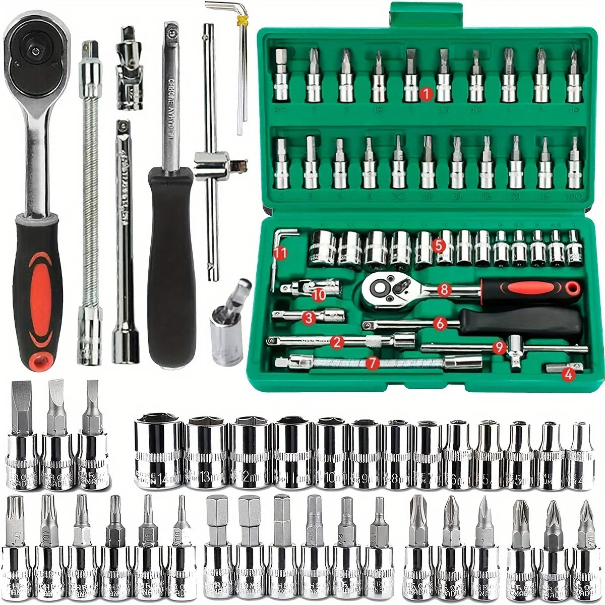Professional 46-Piece Ratchet Set & Car Repair Kit (Green)