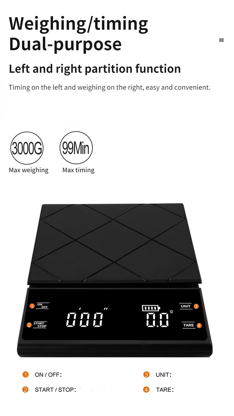 Precision Digital Coffee Scale with Built-In Timer (3kg/0.1g)