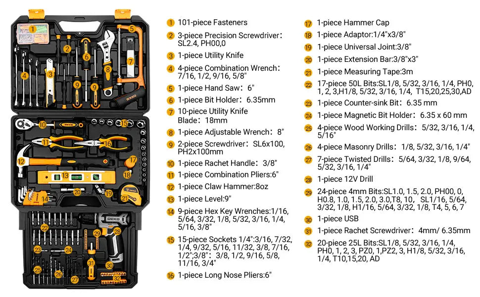 238-Piece Home Tool Kit with 12V Cordless Drill & Case