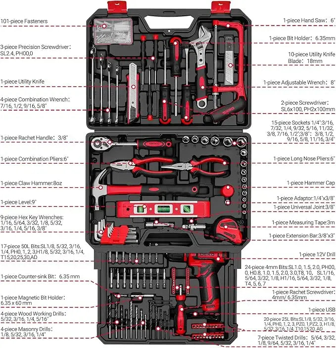 238-Piece Home Tool Kit with 12V Cordless Drill & Case