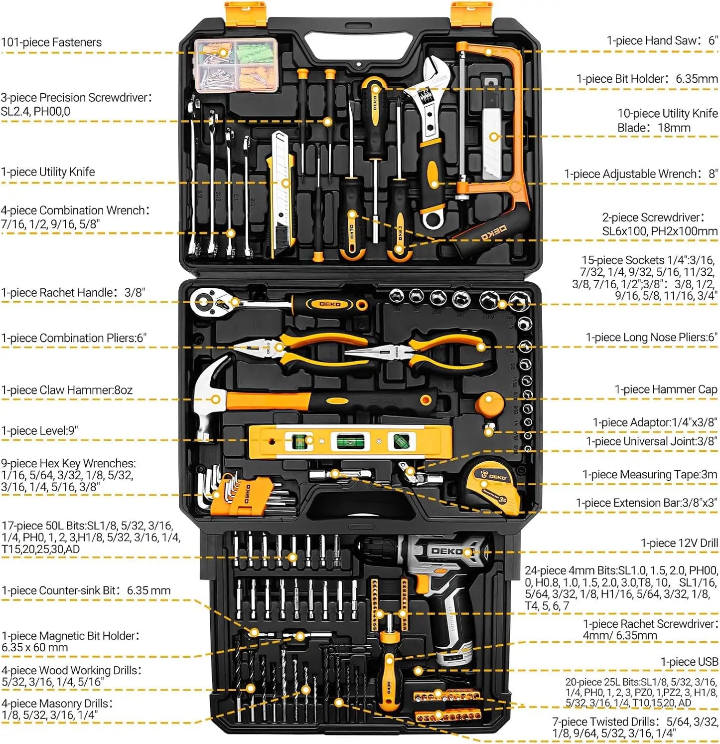 238-Piece Home Tool Kit with 12V Cordless Drill & Case