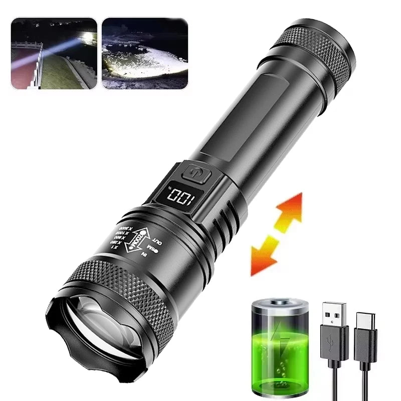 100,000 Lumens Super Bright Rechargeable Flashlight - High Lumens Tactical LED Torch, Waterproof Long Range Flashlight for Outdoor, Camping & Fishing