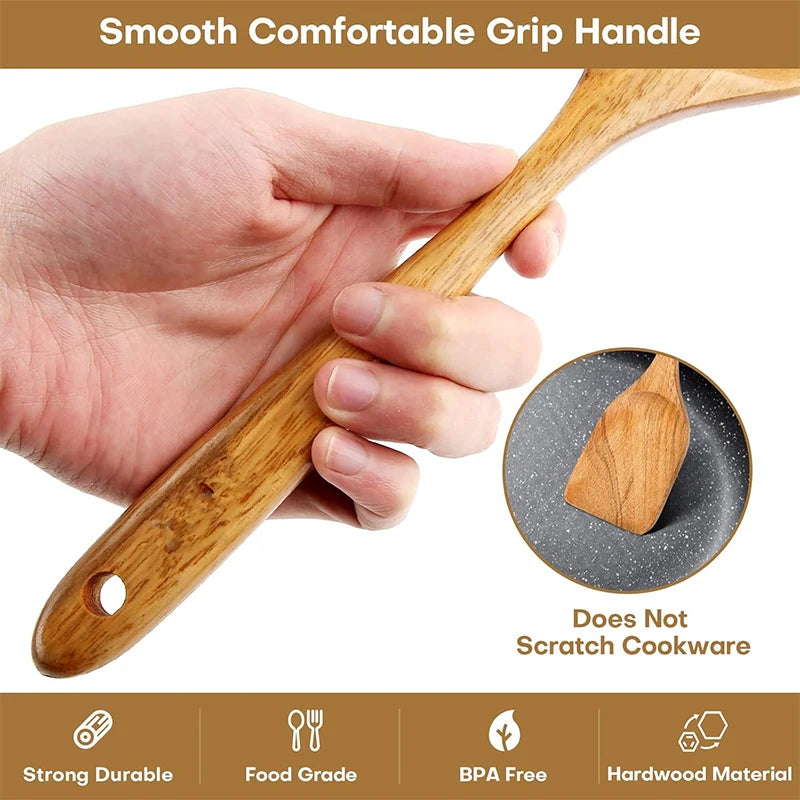10-Piece Natural Teak Wooden Kitchen Utensil Set