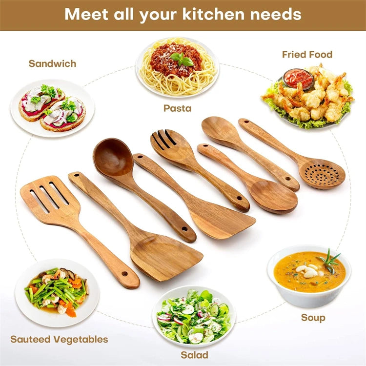 10-Piece Natural Teak Wooden Kitchen Utensil Set