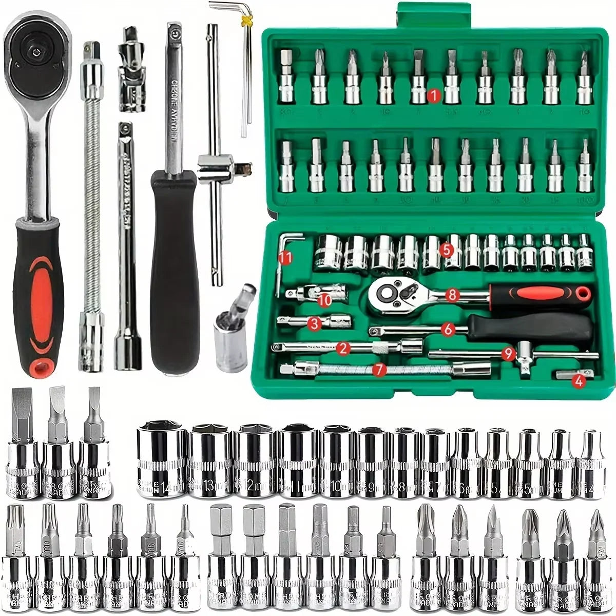 Professional 46-Piece Ratchet Set & Car Repair Kit (Green)