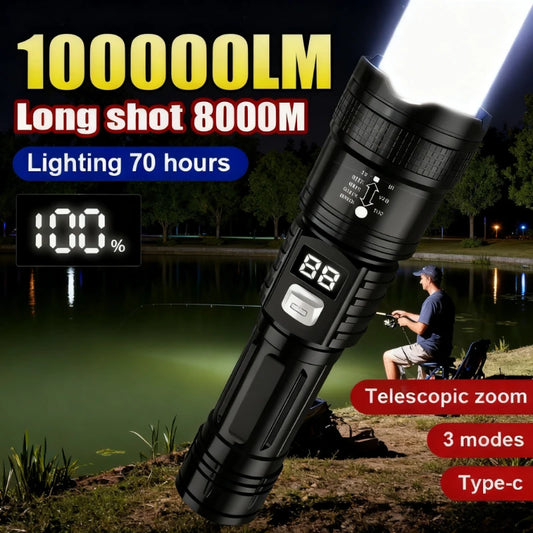 100,000 Lumens Super Bright Rechargeable Flashlight - High Lumens Tactical LED Torch, Waterproof Long Range Flashlight for Outdoor, Camping & Fishing