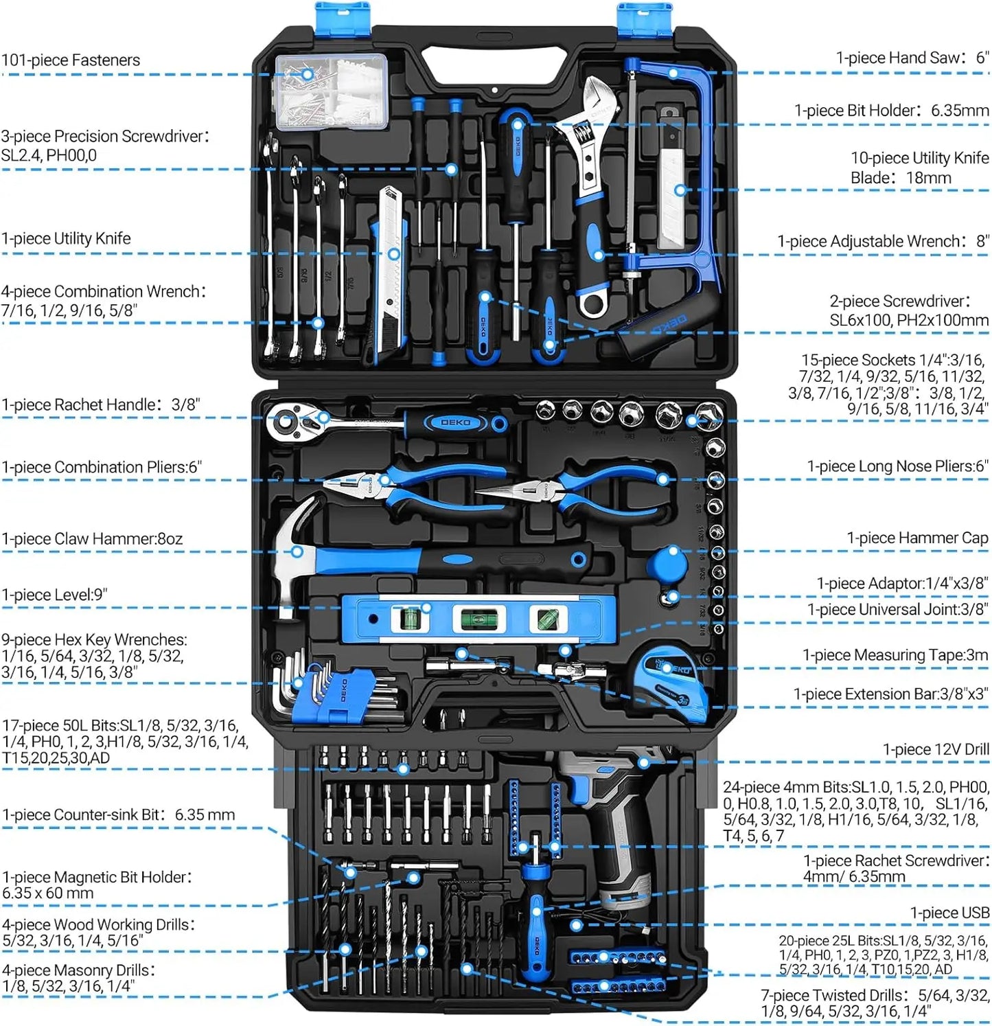 238-Piece Home Tool Kit with 12V Cordless Drill & Case
