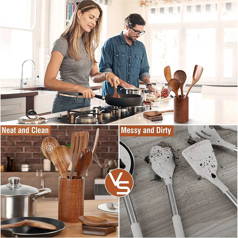 10-Piece Natural Teak Wooden Kitchen Utensil Set