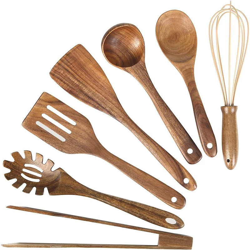 10-Piece Natural Teak Wooden Kitchen Utensil Set