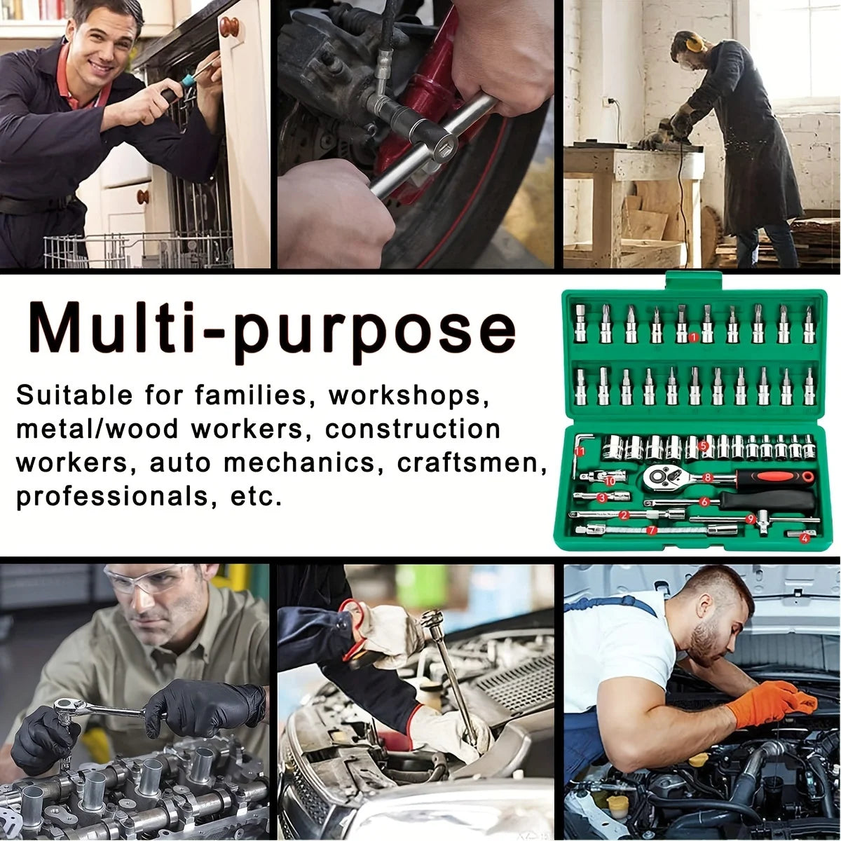 Professional 46-Piece Ratchet Set & Car Repair Kit (Green)