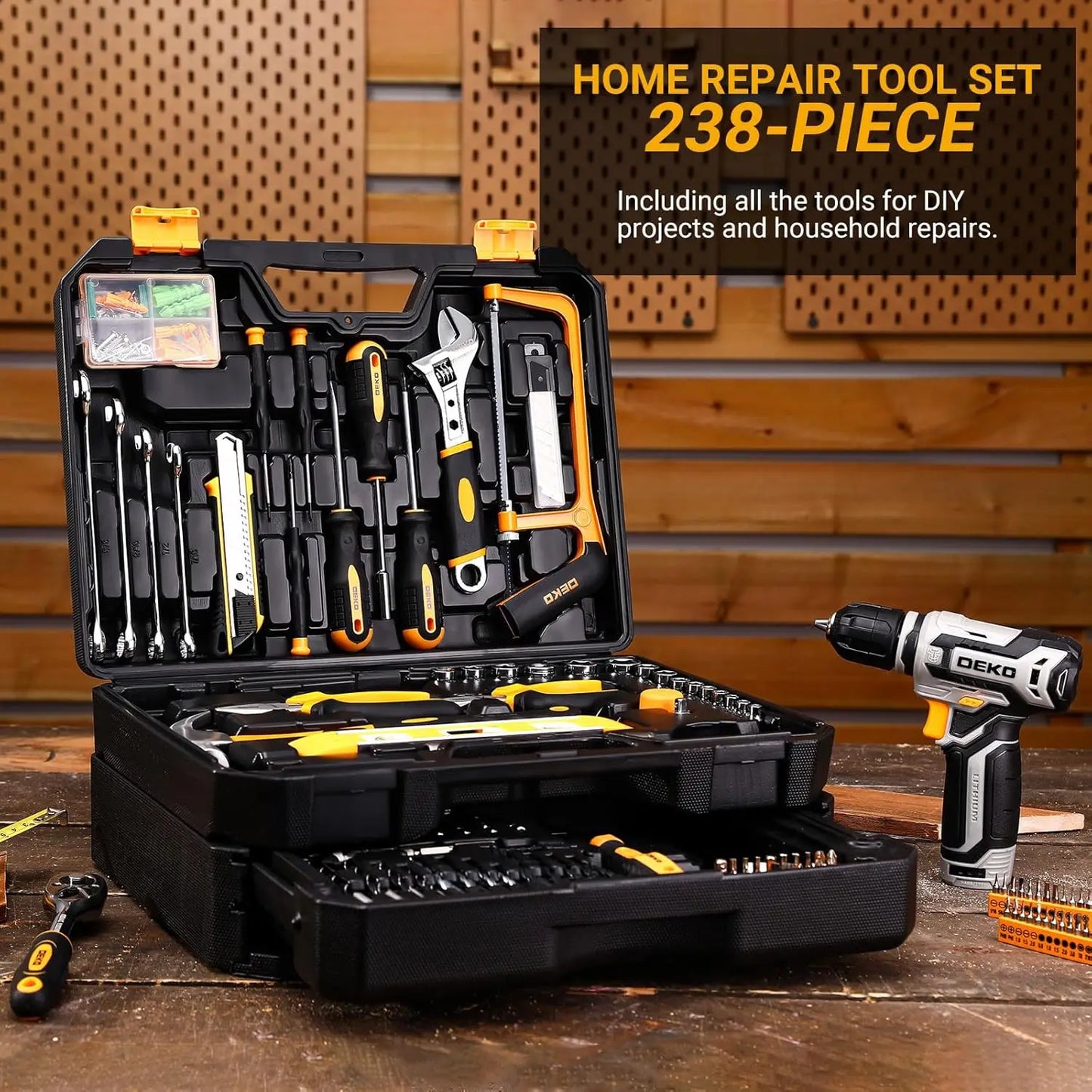 238-Piece Home Tool Kit with 12V Cordless Drill & Case